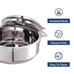 Kuber Industries 2.5L Stainless Steel Insulated Casserole for Roti, Puri & Chapati with Lid | Heat Retaining Body & Easy Lock Lid Mechanism Hotpot Roti Box for Home & Kitchen | Silver