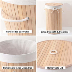 Heart Home Durable & Foldable Bamboo Laundry Basket For Clothes With Lid & Rope Handle | Eco Friendly Washing Clothes Bucket/Storage Box Organizer | BS010NR-Natural Wooden Brown