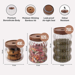 Kuber Industries Borosilicate Glass Jar with Bamboo Lid | Multi-utility | Leakproof | Airtight Storage Jar for Cookies, Snacks, Tea, Coffee, Sugar | Set of 3 (400ml, 620ml, 750ml)