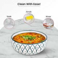 Kuber Industries Ceramic Food Bowl Set | Chini Mitti Bowl | Microwave, Dishwasher Safe Ceramic Bowl | Green Box Print - White