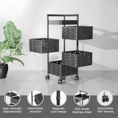 Kuber Industries 4-Layer Kitchen Trolley | 360° Rotating Storage Rack | Square Storage Rack with Wheels | Fruit and Vegetable Storage for Kitchen | Pack of 5 | (Black)