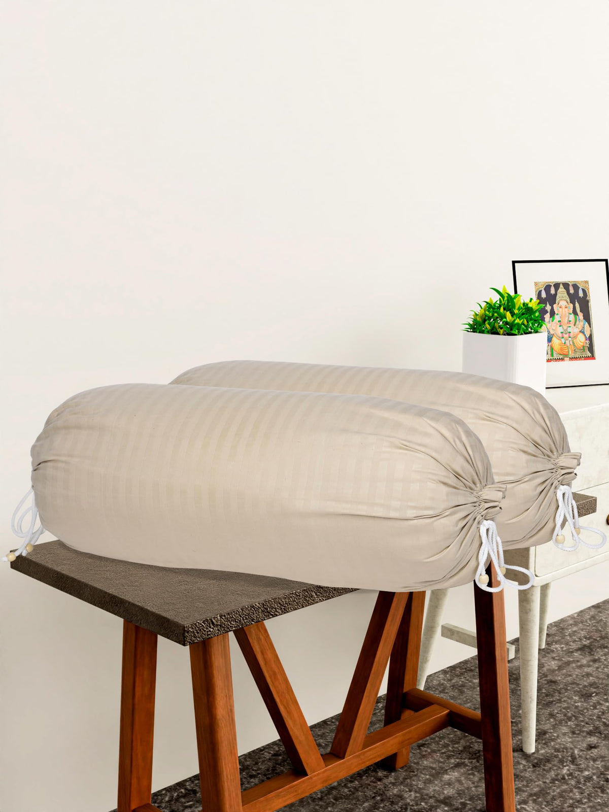 Heart Home Bolster Covers | Soft Cotton Bolster Cover Set | Diwan Round Bolster Pillow Covers | Striped Pattern Masand Cover | 16x32 Inch | Pack of 2 | Cream