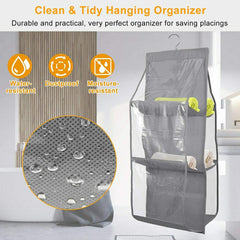 Kuber Industries Dust Proof Hanging Handbag Purse Clutch Organizer with 6 Large Compartments & Hanger (Grey), Cotton