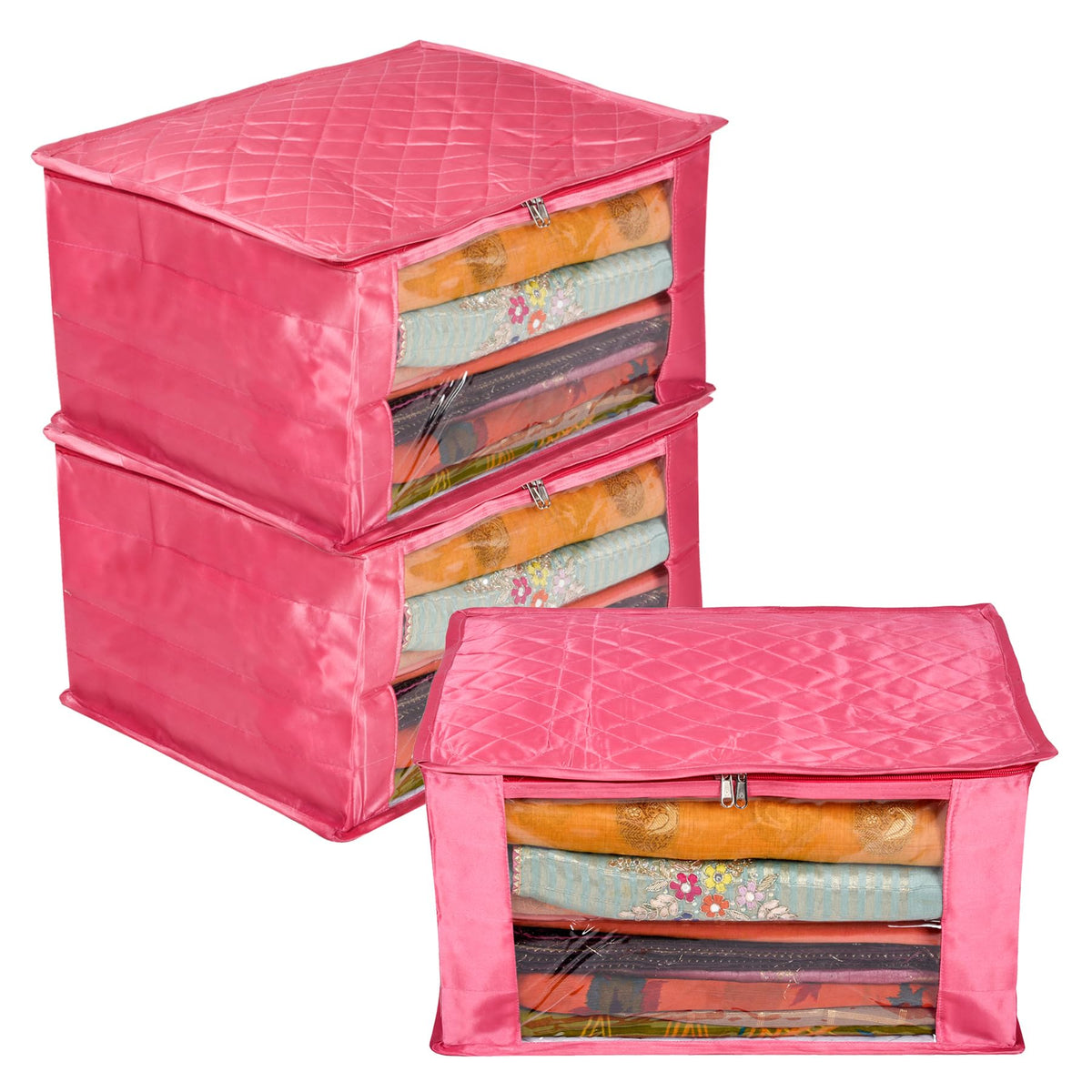 Heart Home Saree Cover | Zip Closure Saree Cover | Clothes Storage Bag | Wardrobe Organiser for Suit | Transparent Window Saree Cover | 9 inch | Pack of 3 | Pink