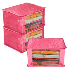 Heart Home Saree Cover | Zip Closure Saree Cover | Clothes Storage Bag | Wardrobe Organiser for Suit | Transparent Window Saree Cover | 9 inch | Pack of 3 | Pink