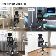 Kuber Industries Ergonomic Office Chairs for Work from Home | Comes with Manual Height Adjustable, Armrest, Headrest & Lumbar Support | Comfy Study Chair for Students with Wheels | Black & Grey Seat