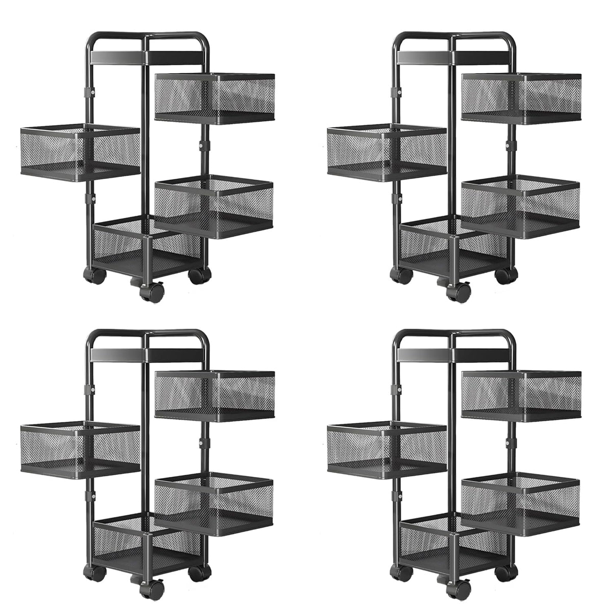 Kuber Industries 4-Layer Kitchen Trolley | 360° Rotating Storage Rack | Square Storage Rack with Wheels | Fruit and Vegetable Storage for Kitchen | Pack of 4 | (Black)