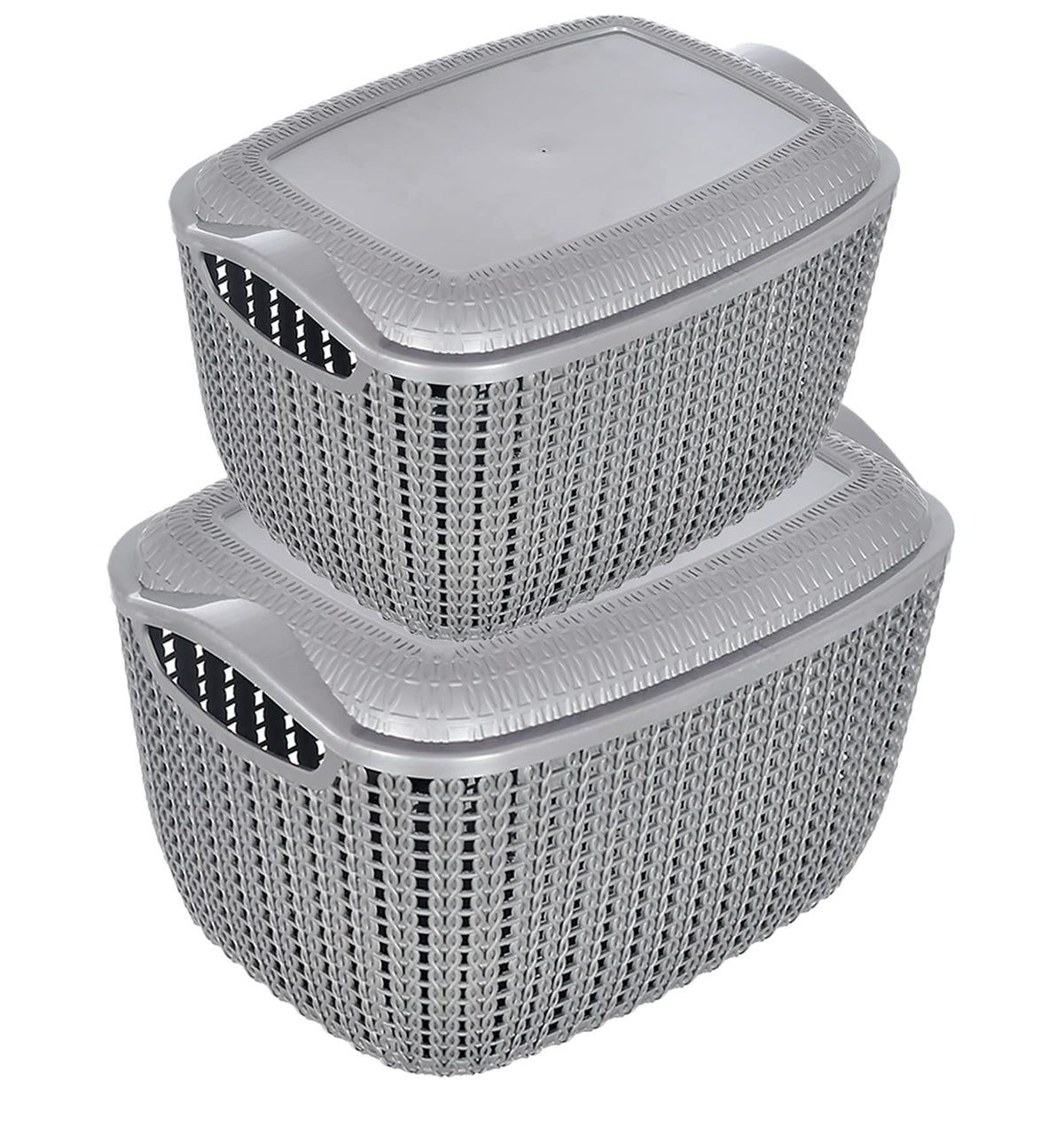 Heart Home Multipurposes Large & Small M 30-25 Plastic Basket, Organizer For Kitchen, Countertops, Cabinets, Bathroom With Lids- Set of 2 (Grey) -46HH058