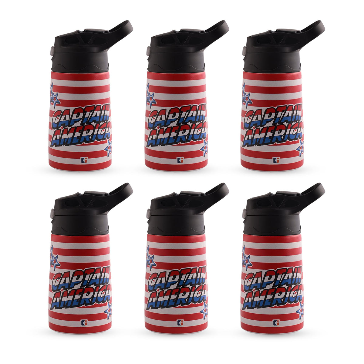 Kuber Industries Pack of 6 Stainless Steel Kids Water Bottle | Captain America Kids Water Bottle | 350 ml Insulated Water Bottle | Water Bottle with Push-Button Flip Lid | Water Bottle For School |Red