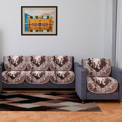 Heart Home Sofa Cover | 3+1 Seater Sofa Slip Cover Set | Brown Check Border Sofa Cover | Velvet Couch Cover | Sofa Slipcover Set | Sofa Cover for Living Room | Cream