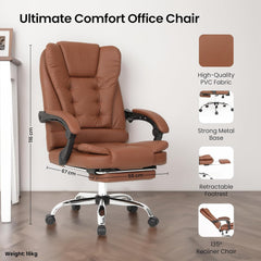 Kuber Industries Leather Office Chairs for Work From Home | Comes with Manual Height Adjustable, Armrest, Headrest & Lumbar Support | Comfy Chair for Students with Wheels & Footrest | Brown | 809M-BRN