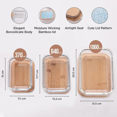 Kuber Industries Pack of 3 Borosilicate Glass Kitchen Containers with Bamboo Lid | 370ml 640ml 1060ml | Airtight Rectangular Fridge Storage Boxes |Kitchen organizer items & storage Dandy Diasies Print