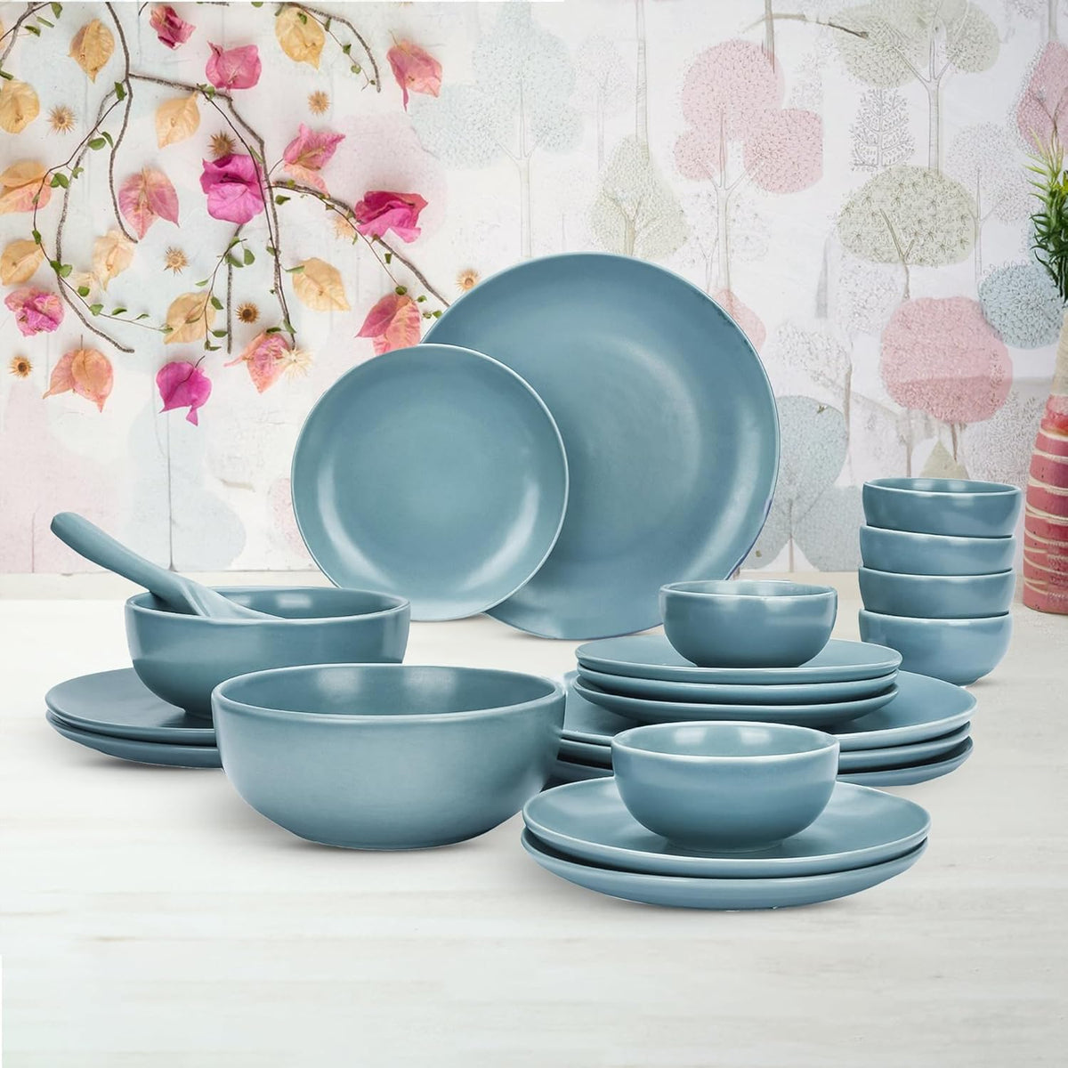 Heart Home 20 Pcs Ceramic Dinner Set | Dishwasher & Microwave Safe | Crockery Set for Dining & Gifting | 6 Pcs Full Plates & 6 Pcs Half Plate & 2 Pcs Serving Bowl & 6 Pcs Bowl | Blue