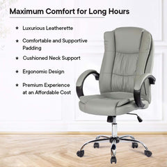 Kuber Industries Leather Office Chairs for Work From Home | Comes with Manual Height Adjustable, Armrest, Headrest & Lumbar Support | Comfy Study Chair for Students with Wheels | Grey | SAVOC106GRY