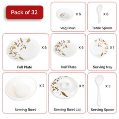 Kuber Industries 32 Pieces Round Melamine Microwave & Dishwasher Safe Dinnerware Kitchen Crockery Set | Glossy Dinner Sets & Kitchen Set for Home | Deluxe Brown - White