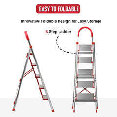 Kuber Industries 5 Step Heavy-Duty Foldable Aluminium Ladder with Wide Pedals and Hand Grip for Home and Office Use | Anti Slip Step Staircase for Home | Supports 150+ Kgs | Silver & Red