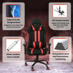 Kuber Industries Ergonomic Office Chairs for Work From Home | Comes with Manual Height Adjustable, Armrest, Headrest & 2D Lumbar Support | Comfy Study Chair for Students with Wheels | Black & Red