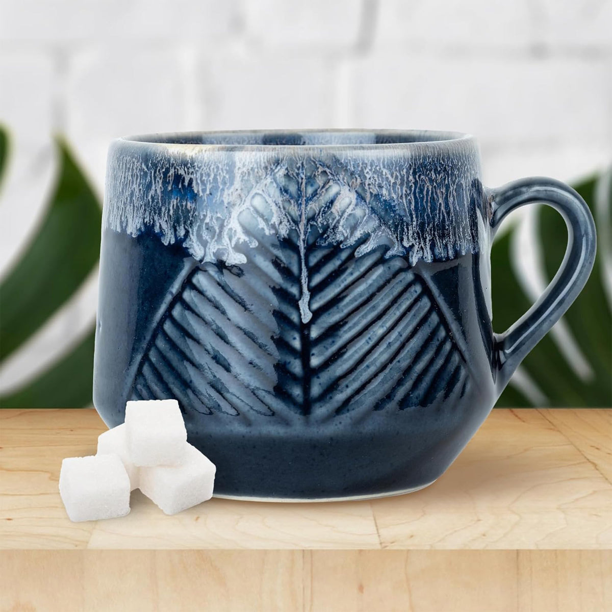 Kuber Industries Ceramic Microwave, Dishwasher Safe Tea/Coffee Cups with Handle | Scratch-Stain Resistant Lemon Tea, Coffee Mug Cup Crockery for Home, Offices & Bar | Leaf - Blue