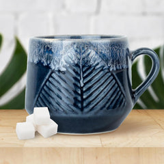 Kuber Industries Ceramic Microwave, Dishwasher Safe Tea/Coffee Cups with Handle | Scratch-Stain Resistant Lemon Tea, Coffee Mug Cup Crockery for Home, Offices & Bar | Leaf - Blue