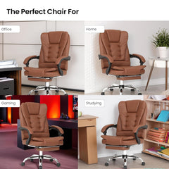 Kuber Industries Leather Office Chairs for Work From Home | Comes with Manual Height Adjustable, Armrest, Headrest & Lumbar Support | Comfy Chair for Students with Wheels & Footrest | Brown | 809M-BRN