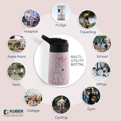 Kuber Industries 350 ml Insulated Water Bottle | Stay Cool Kids Water Bottle | Stainless Steel Kids Water Bottle | Water Bottle with Push-Button Flip Lid | Bottle For School | Pink | Pack of 2