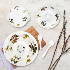 Kuber Industries 32 Pieces Round Melamine Microwave & Dishwasher Safe Dinnerware Kitchen Crockery Set | Glossy Dinner Sets & Kitchen Set for Home | Blueberry Floral - White