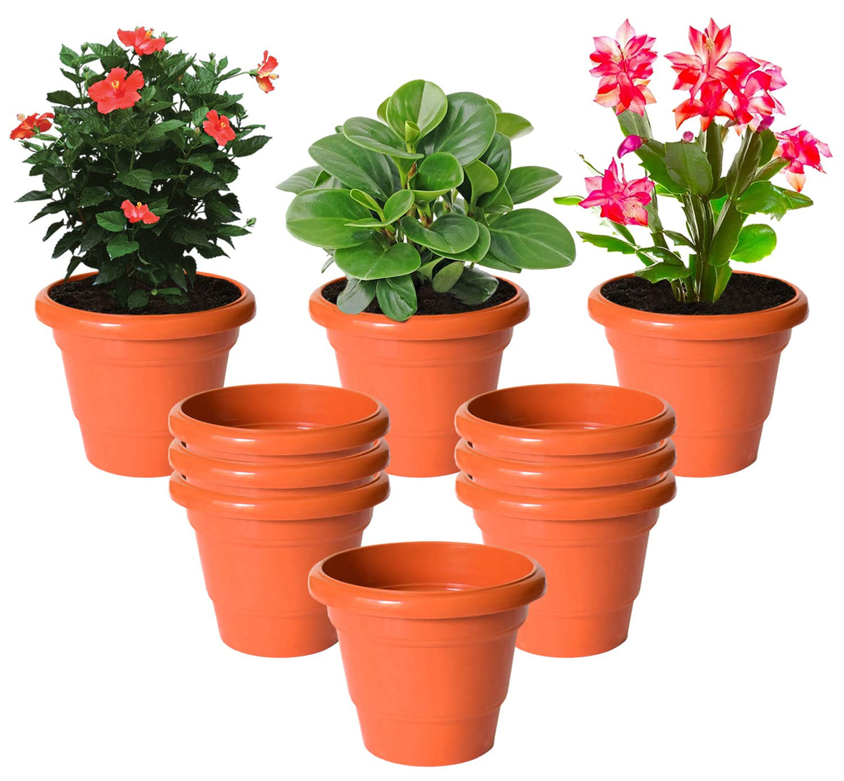 Kuber Industries Solid 2 Layered Plastic Flower Pot|Gamla for Home Decor,Nursery,Balcony,Garden,6"x5",Pack of 10 (Orange)