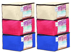 Kuber Industries 6 Piece Non Woven Fabric Saree Cover Set with Transparent Window, Extra Large, Ivory,Royal Blue,Pink-CTKTC23750