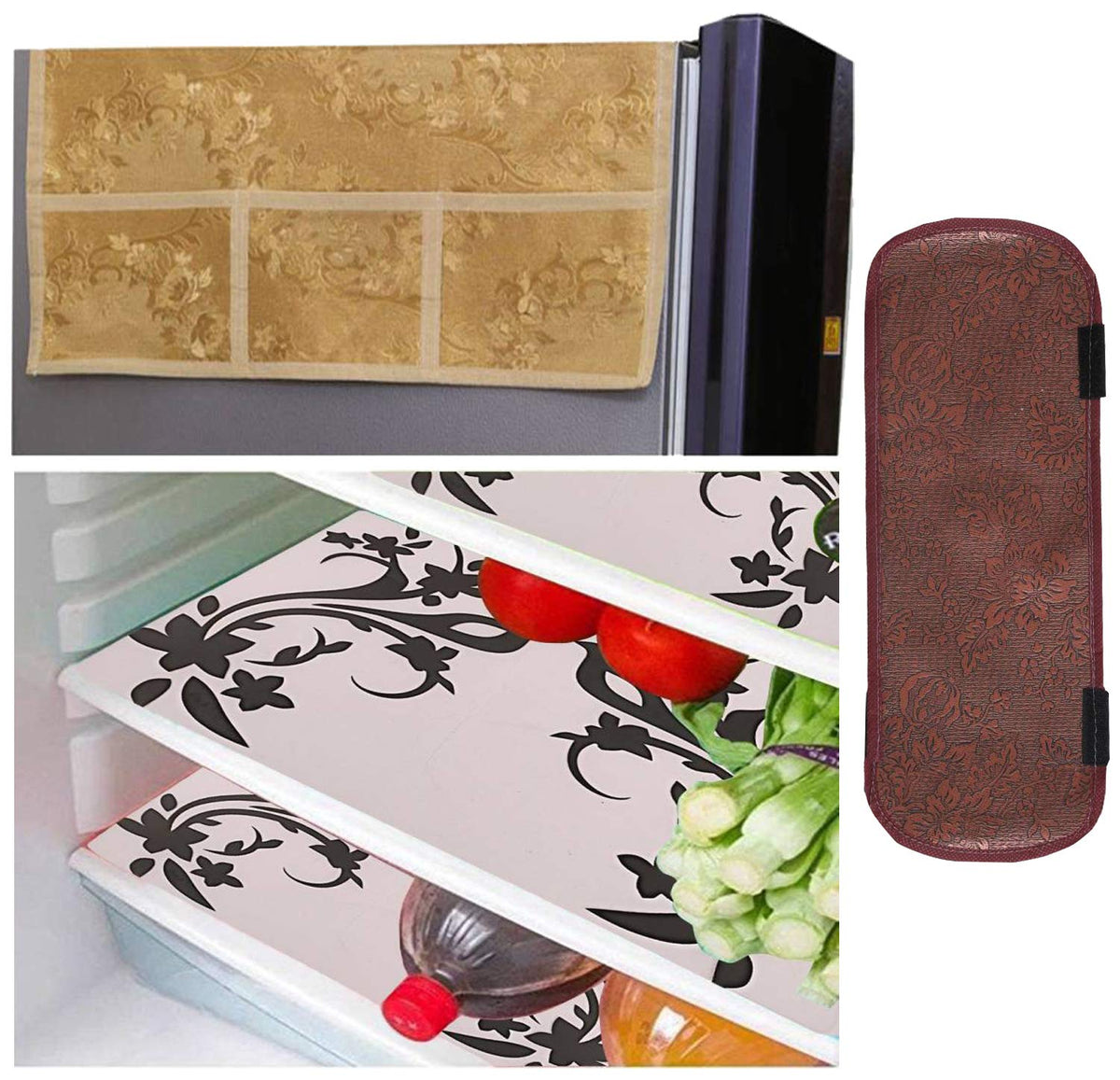 Kuber Industries Cloth 3 Pieces Fridge Mat, 1 Piece Handle Cover and 1 Pieces Fridge Top Cover (Multi)-CTKTC2768