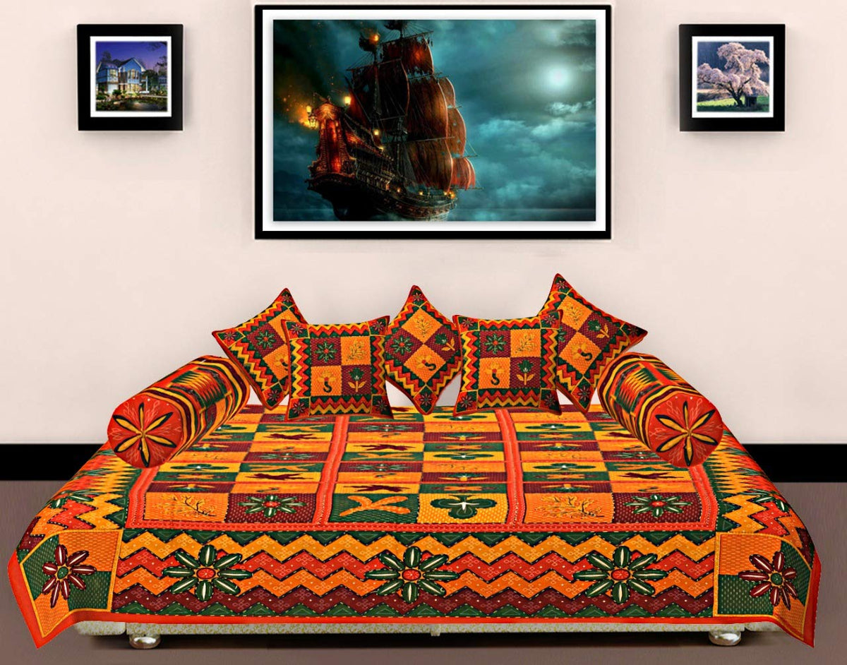Kuber Industries Kantha Worked 8 Piece Cotton Diwan Set - Multicolour