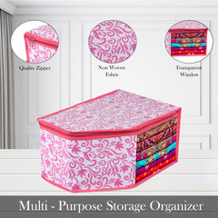 Heart Home Blouse Cover | Clothes Storage Bag | Zipper Wardrobe Organizers | Non-Woven Clothes Organiser | Side Transparent Blouse Organizer | Leaf-Design | Pack of 3 | Pink