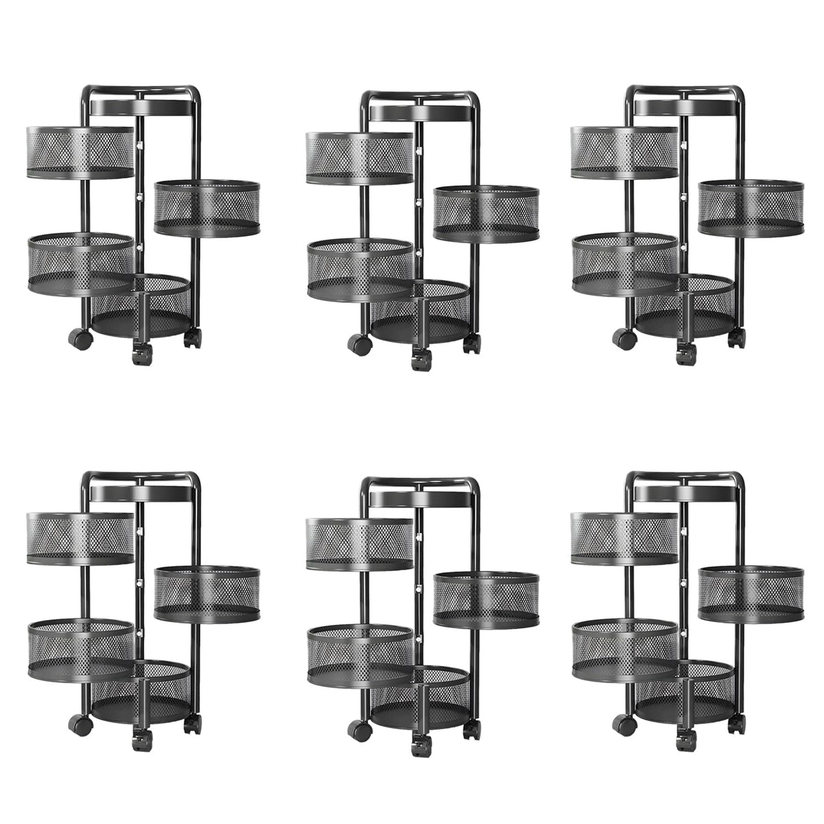 Kuber Industries 4-Layer Kitchen Trolley | 360? Rotating Storage Rack | Round Storage Rack with Wheels | Fruit and Vegetable Storage for Kitchen | Pack of 6 | (Black)