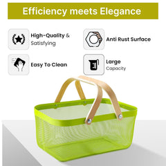 Kuber Industries Rectangular Metal Mesh Basket for Storage with wooden handle | 720 Gm | Fruit Basket and Vegetable Basket for Kitchen | Kitchen Organizer |Multipurpose |Green |Pack of 2
