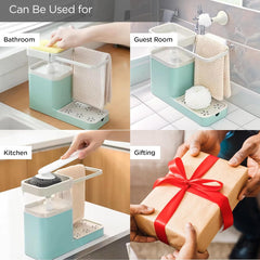 Heart Home 3-in-1 Soap Dispenser (800ml) with Sponge Holder & Towel Rack | Multifunctional Kitchen Accessories Items for Home | Non-Fragile | Blue
