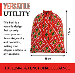 Heart Home Potli | Silk Wedding Potli | Drawstring Closure Potli | Wallet Potli | Christmas Gift Potli | Baby Shower Potli | Medium-Patola-Print Potli | 7x9 Inch | Pack of 4 | Red