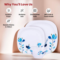 Heart Home 31 Pieces Square Unbreakable Microwave & Dishwasher Safe Melamine Dinnerware Kitchen Crockery Set | Glossy Dinner Sets & Kitchen Set for Home | Blue Floral - White