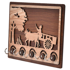 Kuber Industries Village Bull Cart Design Wooden Wall Key Holder with 5 Hooks (Brown)-45KM055