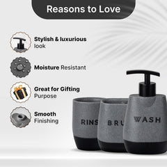 Kuber Industries Premium 3 Pcs Polyresin Bathroom Set | Soap Dispenser (250ml) | Toothbrush Holder | Water Tumbler | Moisture Resistant | Non Fragile | Scratch Proof for Bathroom Kitchen | Black