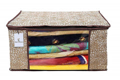Kuber Industries Non Woven Fabric Saree Cover Set with Transparent Window|Metalic Print & Extra Large|Pack of 3 (Brown & Golden Brown & Ivory Red)