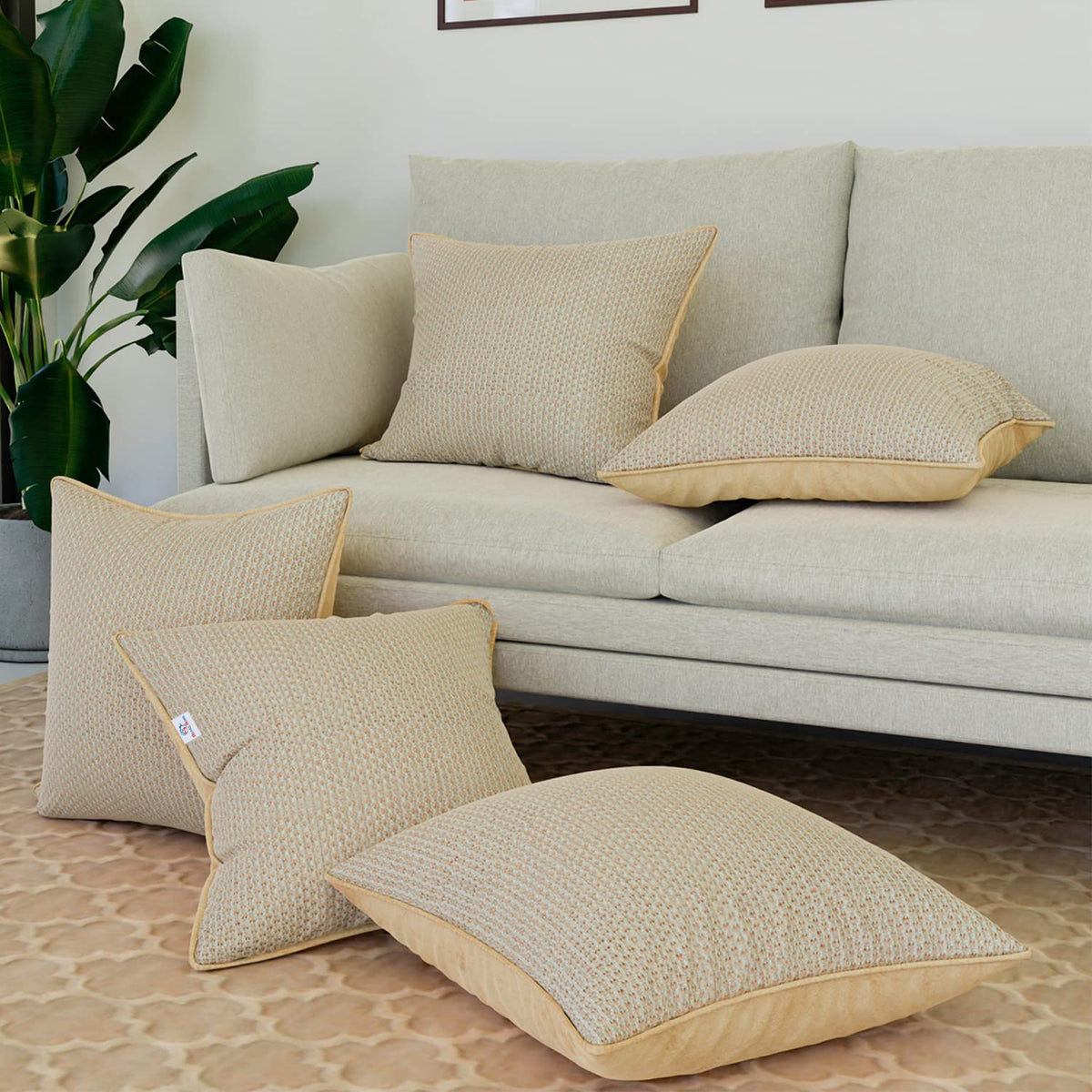 Heart Home Cushion Cover | Sofa Cushion Covers | Square Cushion Covers | Jute Cushion Covers | Couch Cushion Covers | Set of 5 | 16 Inch | Cream