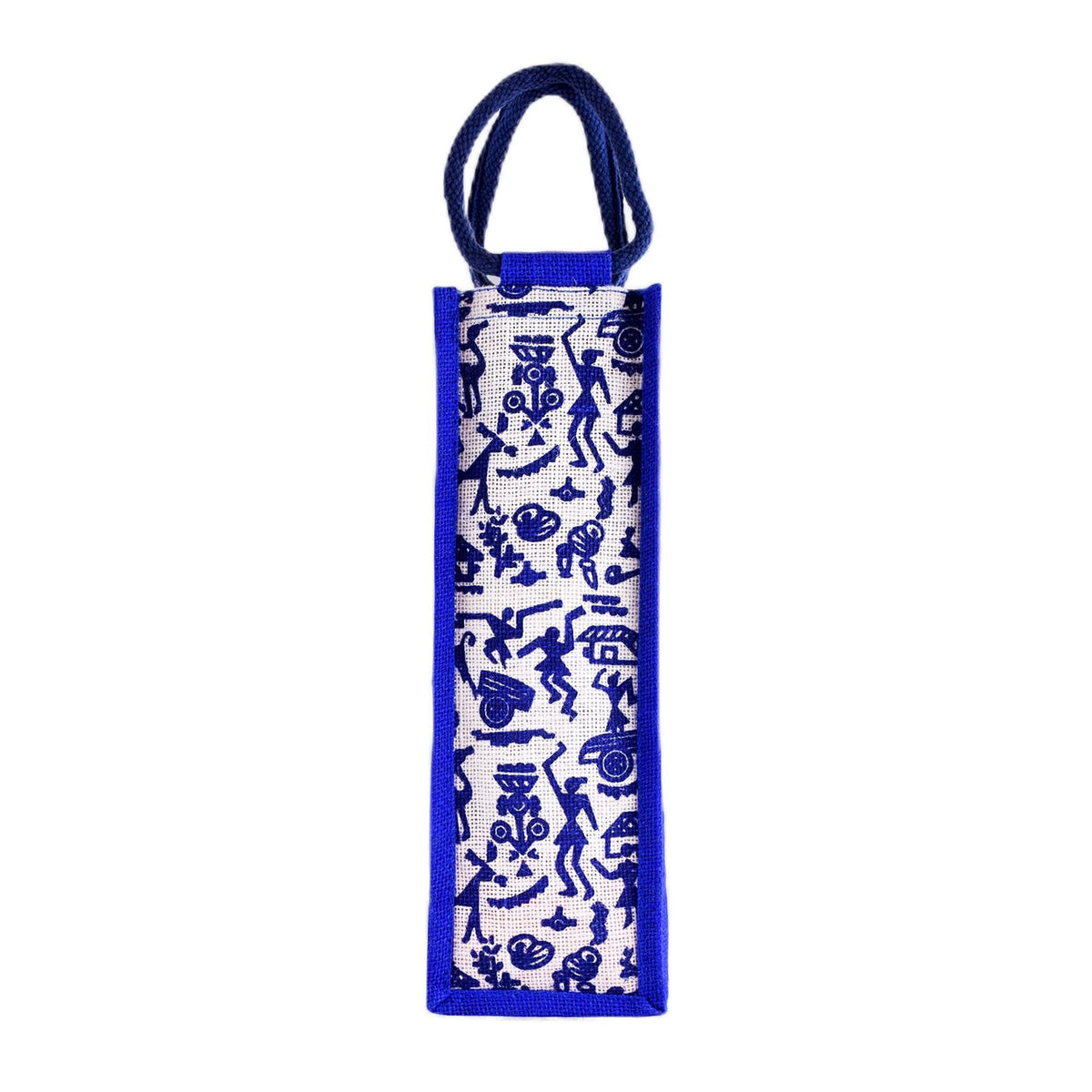 Kuber Industries Bottle Bag | Jute Carry Bag | Water Bottle Cover | Wine Bottle Bag | Reusable Bottle Bag with Handle | Bottle Bag for Office | Warli-Print Gift Bag | Blue