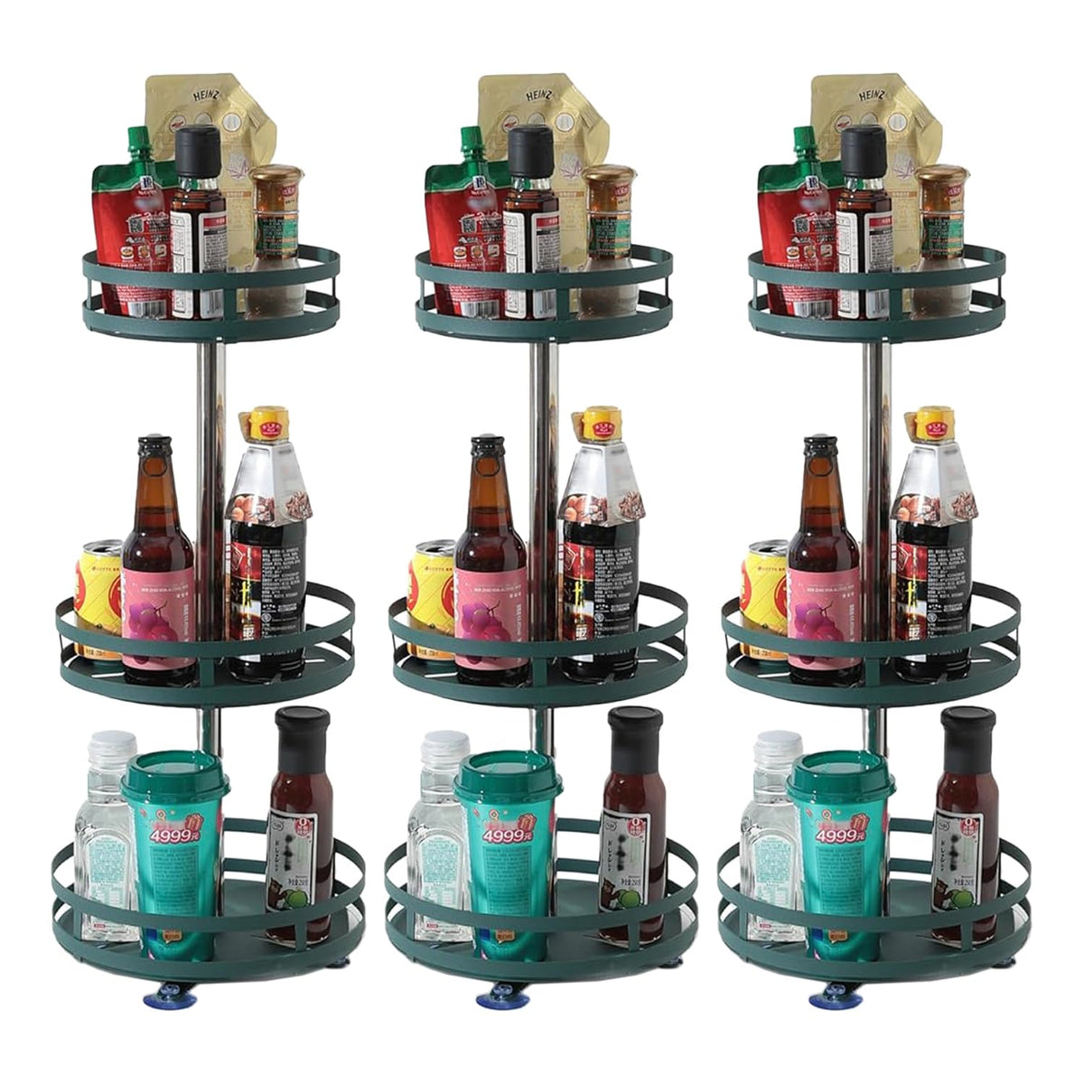 Kuber Industries 3-Layer Rotating Spice Rack|Circular Shelf for Cabinet Countertop|360-Degree Rotable Kitchen Trolley|Fruit Basket Pack of 3 (Dark Green)