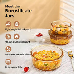 Kuber Industries Borosilicate Glass Container With PP Lid-Round|JDA026-AMB|Light Orange|580 ML|Pack Of 3