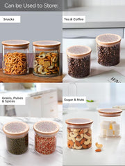 Urbane Home Borosilicate Glass Jar with Printed Bamboo Lid|Kitchen Organizer Items and Storage|Multi-utility, Leakproof, Airtight Storage Jar for Cookies,Snacks,Tea,Coffee,Sugar|Pack of 6(300ml)