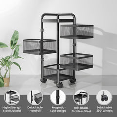 Kuber Industries 4-Layer Kitchen Trolley | 360° Rotating Storage Rack | Square Storage Rack with Wheels | Fruit and Vegetable Storage for Kitchen | Pack of 2 | (Black)