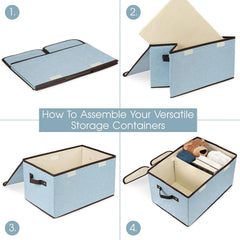 Kuber Industries Double Lid Foldable Storage Box|Toys Storage Bin|Wardrobe Organizer For Clothes|Front Handle & Stackable Pack Of-3 (Blue)