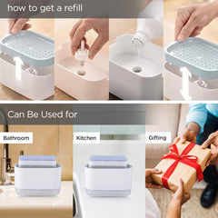 Urbane Home 2 in 1 Press Soap Dish for Kitchen with Sponger Holder | 300 ml | Hollow Design | Durable & Smooth Body | Soap Dispenser for Bathroom & Kitchen | Dishwashing Liquid Dispenser | White