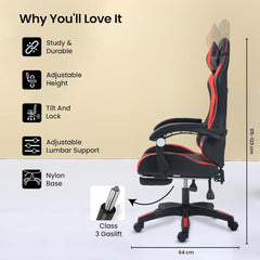 Kuber Industries Ergosmart PC Gaming Chairs with Wheels | Comes with Headrest, Lumbar Support Cushions & Footrest | Comfortable Chair for Long Sitting & Back Pain Relief | 2023-6F-RED-Black & Red