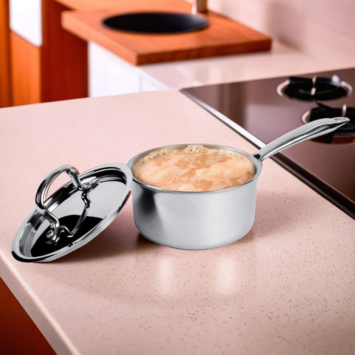 Heart Home Hard Anodised Non Stick Sauce Pan with Lid & Handle | Heat Resistant Gas Stove & Induction Sauce Pan for Tea, Coffee & Milk | Boiling Pot Vessel | Silver
