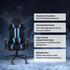 Kuber Industries Ergonomic Office Chairs for Work From Home | Comes with Manual Height Adjustable, Armrest, Headrest & 2D Lumbar Support | Comfy Study Chair for Students with Wheels | Black & Blue
